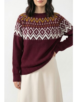 inStyle Yakası Desenli Bordo Triko Kazak