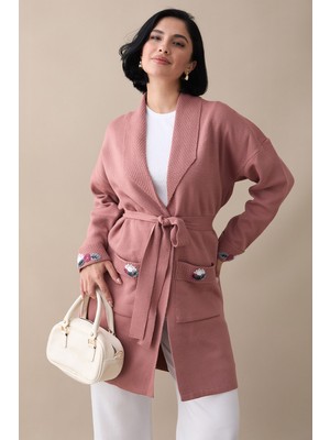 inStyle Cepleri ve Kolları Nakış Işlemeli Gül Kurusu Triko Ceket