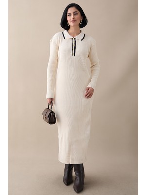 inStyle Yakası Biyeli Ekru Triko Elbise