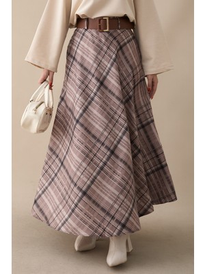 inStyle Kemerli Ekose Desenli Bej Etek