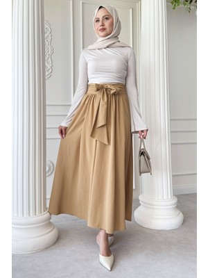 inStyle Pileli Kuşak Detay Bej Etek