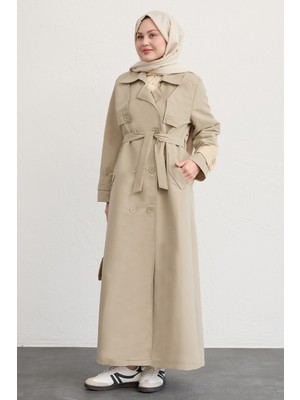 inStyle Çift Kapaklı Kuşaklı Krem Trençkot