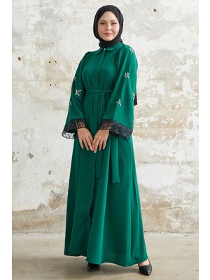 inStyle Tül Detay Pullu Zümrüt Yeşili Ferace