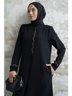 inStyle Sarmal Taş Detaylı Petek Siyah Ferace