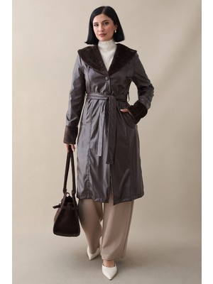 inStyle Kürk Detaylı Acı Kahve Deri Trençkot