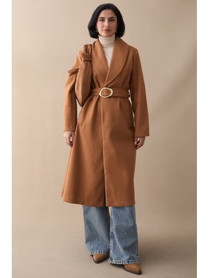 inStyle Şal Yaka Astarsız Gold Kemerli Taba Kaşe Kaban