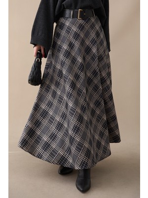 inStyle Kemerli Ekose Desenli Siyah Etek