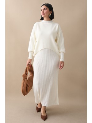 inStyle Balon Kollu Elbiseli Beyaz Triko Takım