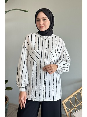 inStyle Batik Şeritli Salaş Beyaz Gömlek
