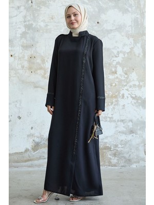 inStyle Yaka ve Ön Robası Taşlı  Siyah Ferace