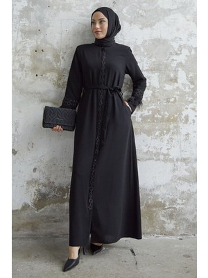 inStyle Kol Ucu Tüy Detay Taşlı Siyah Ferace