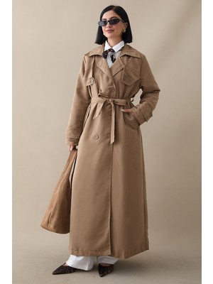 inStyle Çift Kapaklı Kuşaklı Sütlü Kahve Trençkot