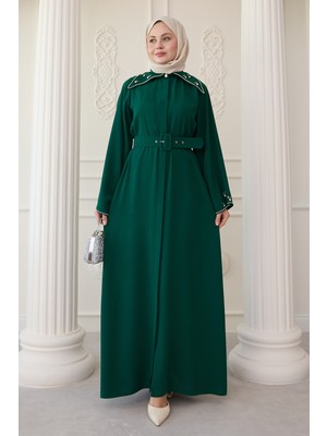 inStyle Üçgen Yaka Taşlı Zümrüt Yeşili Abaya