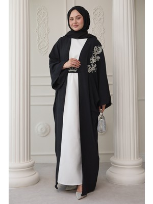 inStyle Yakası Taşlı Yarasa Kol Elbiseli Abaya Siyah