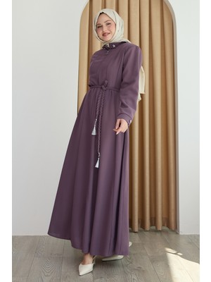 inStyle Sivya Yakası Düğme Kuşağı Örmeli Gül Kurusu Ferace