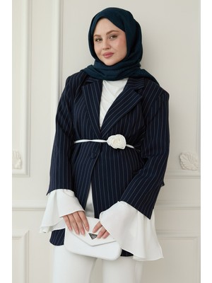 inStyle Çizgili Kolları Volanlı Lacivert Blazer Ceket
