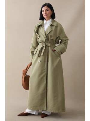 inStyle Kadın Çift Kapaklı Kuşaklı Trençkot Mint Yeşili Keten Malzeme ile Şık Tasarım