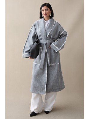 inStyle Çoban Dikiş Kuşaklı Gri Kaşe Kaban