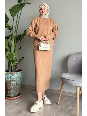 inStyle Taşlı Jile Camel Triko Takım