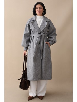 inStyle Kruvaze Balon Kol Kuşaklı Astarsız Kırçıllı Açık Gri Kaşe Kaban