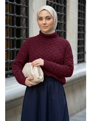 inStyle Örgülü Bordo Balıkçı Yaka Triko Kazak
