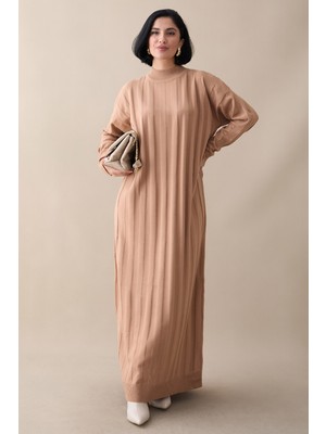 inStyle Fitilli Düz Kol Uzun Camel Triko Elbise