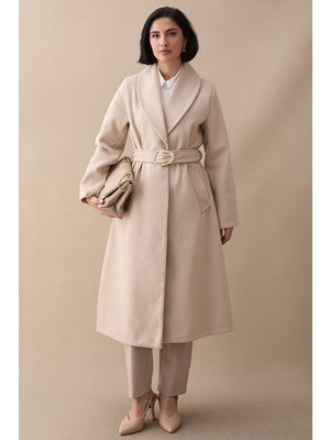 inStyle Şal Yaka Astarsız Gold Kemerli Taş Kaşe Kaban