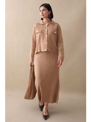 inStyle Ceketli Elbiseli Camel Triko Takım