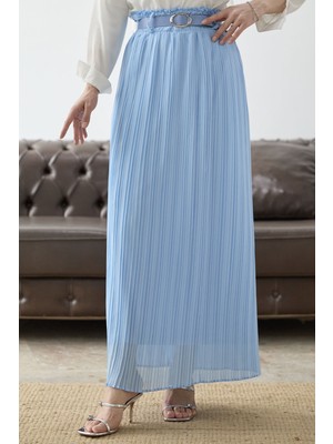 inStyle Kemerli Beli Büzgü Şifon Etek - Bebe Mavisi