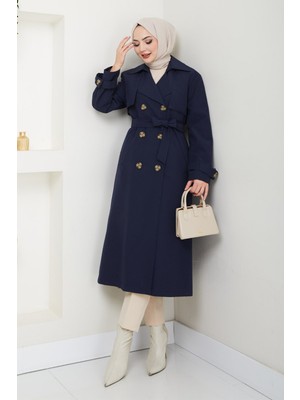 inStyle Taşlı Toka Detaylı Astarlı Lacivert Trençkot