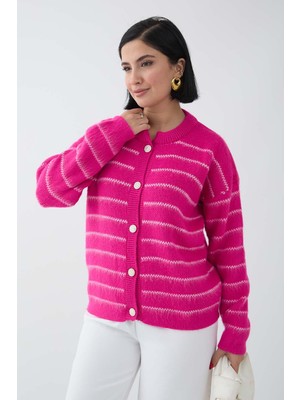 inStyle Ince Şeritli Fuşya Triko Hırka