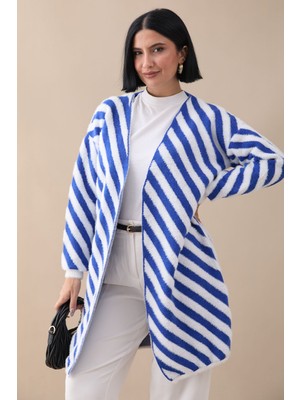 inStyle Şeritli Tüylü Indigo Triko Hırka