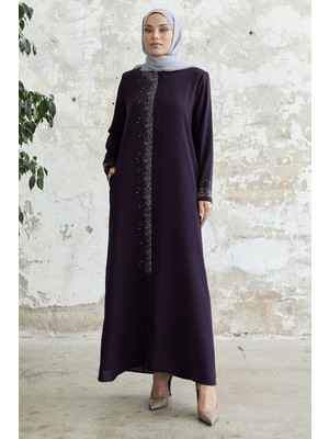 inStyle Sağ Kısmı Taş Işlemeli Mürdüm Ferace