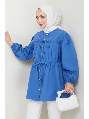 inStyle Taş Düğmeli Büzgülü Saks Mavisi Gömlek