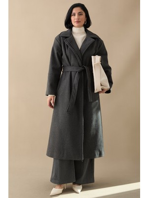 inStyle Astarlı Gizli Patlı Kuşaklı Antrasit Kaşe Kaban