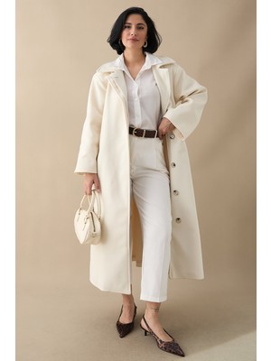 inStyle Astarlı Gizli Patlı Kuşaklı Krem Kaşe Kaban
