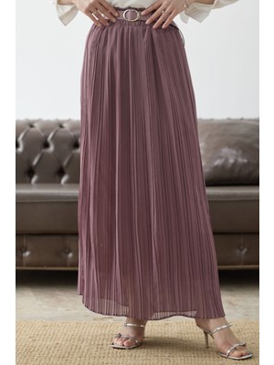 inStyle Kemerli Beli Büzgü Şifon Etek - Gül Kurusu