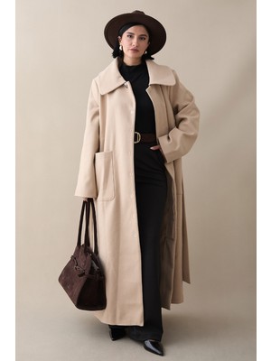 inStyle Kuşaklı Gizli Patlı Bej Kaban