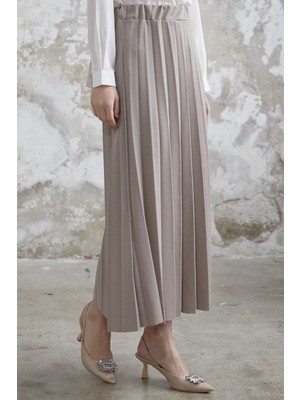 inStyle Luisa Beli Lastik Piliseli Etek - Koyu Bej