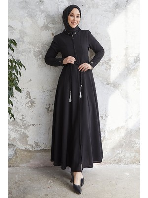 inStyle Sivya Yakası Düğme Kuşağı Örmeli Siyah Ferace