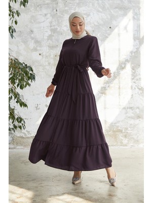 inStyle Kuşaklı Eteği Büzgü Mürdüm Ferace