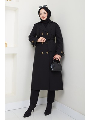 inStyle Omuzları Apolet Detaylı Astarlı Siyah Trençkot