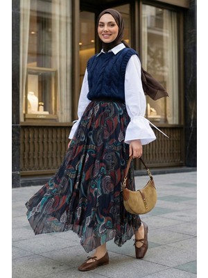 inStyle Otantik Desen Asimetrik Lacivert Tül Etek