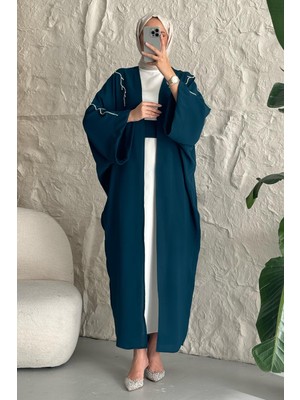 inStyle Sarmaşık Desen Taşlı Elbiseli Abaya Petrol Mavisi