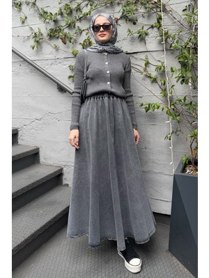inStyle Beli Lastikli Gri Kot Etek %50 Polyester %40 Pamuk Malzeme ile Rahat Kullanım