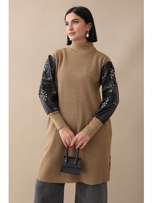 inStyle Kolları Deri Simli Camel Triko Tunik