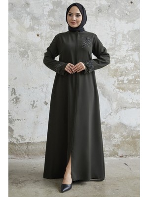 inStyle Kolu Çiçek Taşlı Haki Ferace