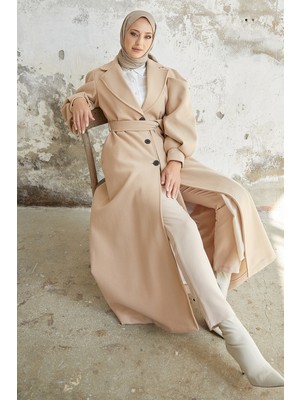 inStyle Diana Balon Kol Kuşaklı Kaşe Kaban Bej Kadınlar İçin Şık ve Rahat Tasarım