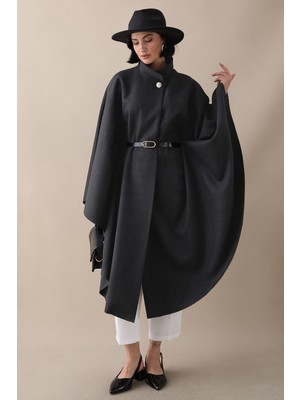 inStyle Kemerli Kaşe Antrasit Uzun Panço