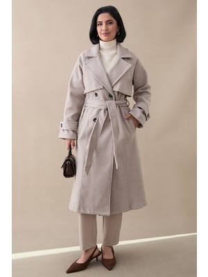 inStyle Kapaklı Kuşaklı Astarsız Bej Kaşe Kaban